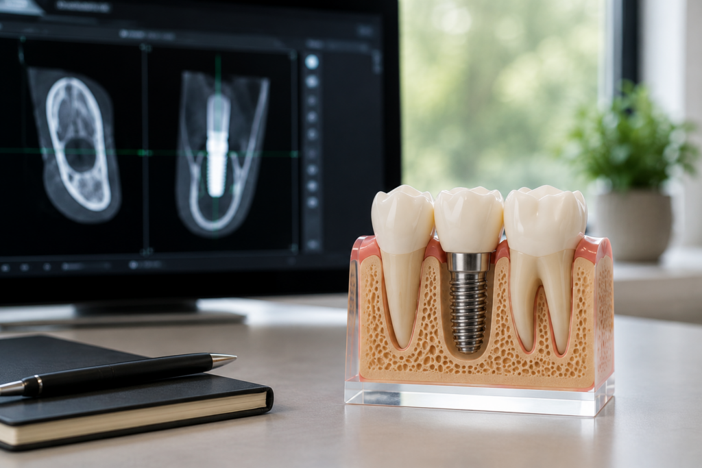 Dental implant model on a consultation desk with digital implant planning scans displayed on a computer monitor.