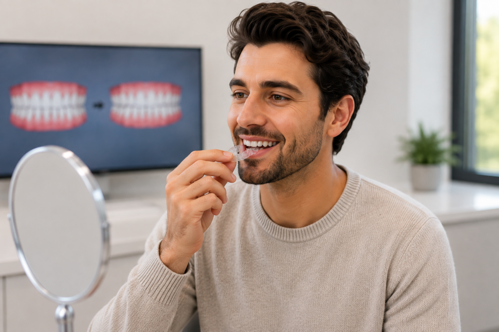 Man checking a clear aligner in a mirror before orthodontic treatment in a modern dental clinic.