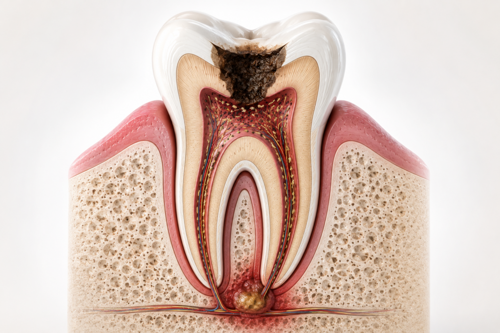 Cross-sectional illustration of an infected tooth showing bacteria inside the root canal system and inflammation around the root tip.