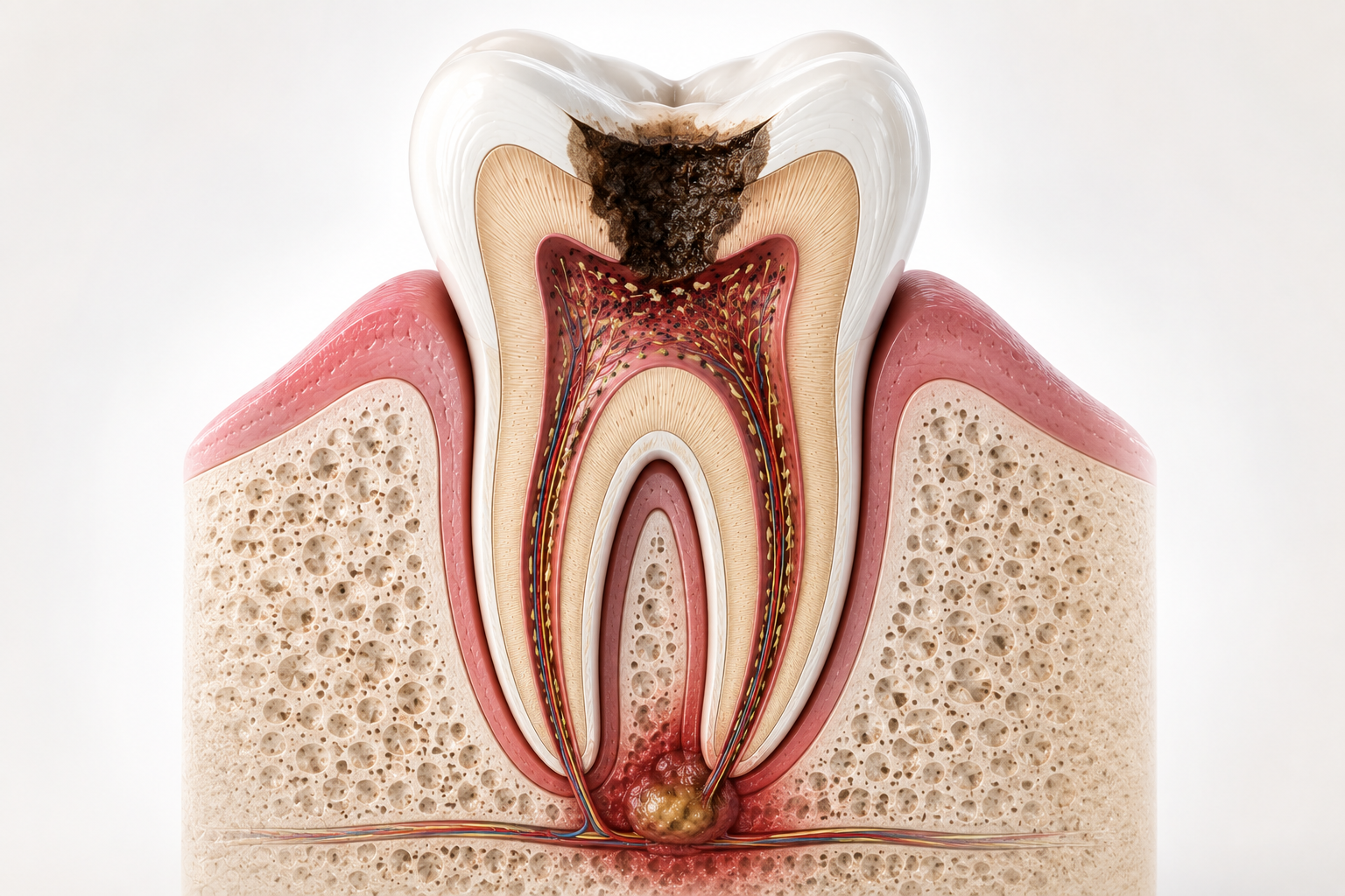Cross-sectional illustration of an infected tooth showing bacteria inside the root canal system and inflammation around the root tip.