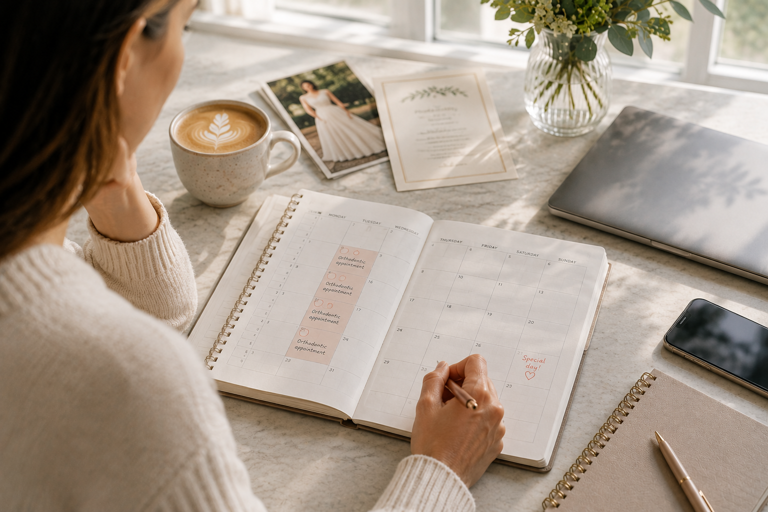 Person planning future orthodontic treatment appointments in a diary before an important milestone.